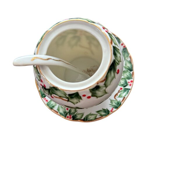 Vintage Lefton China “Holly & Berry”   Sugar Bowl W/ Lid Spoon & Saucer - Picture 5 of 8